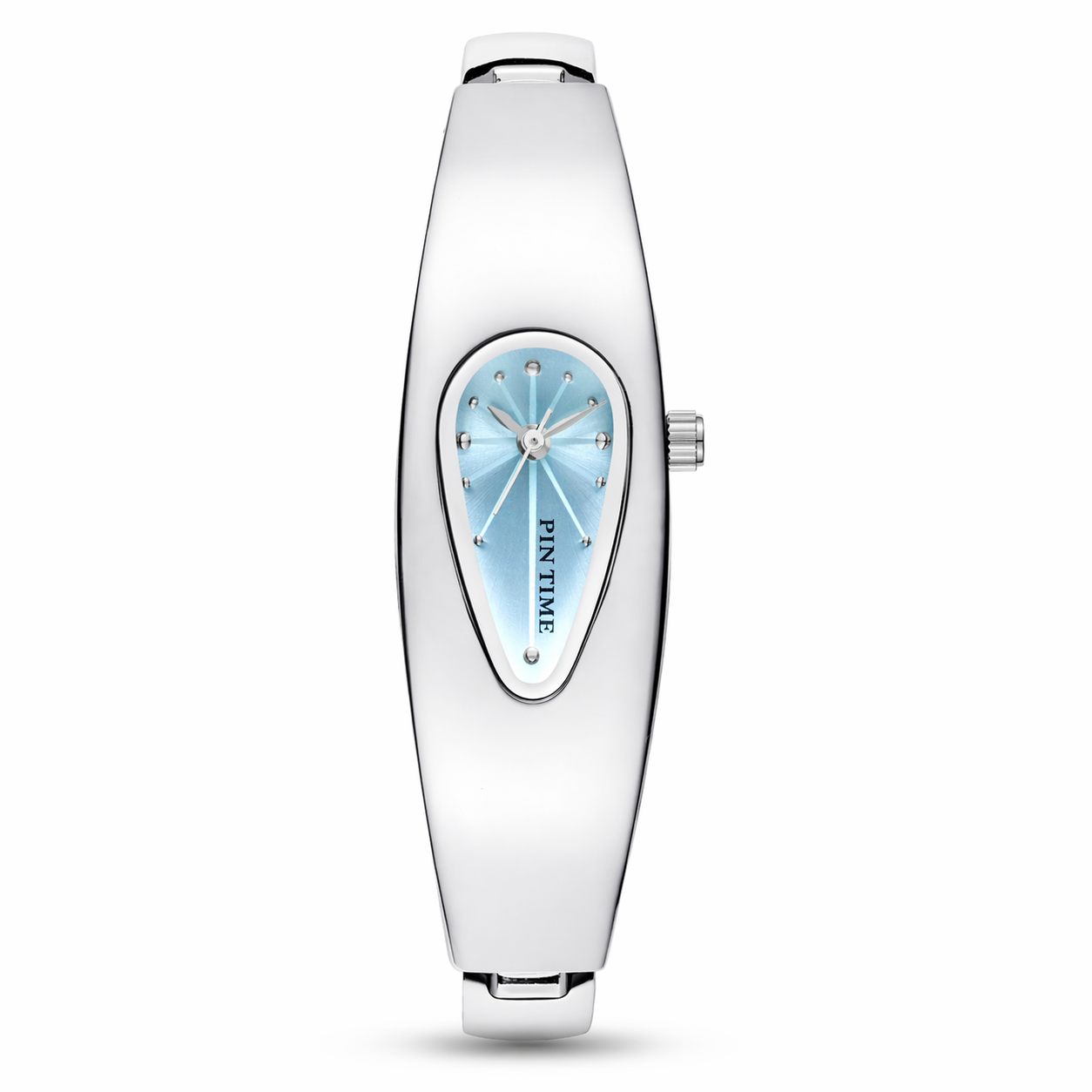 Silver wristwatch with a blue face on a white background