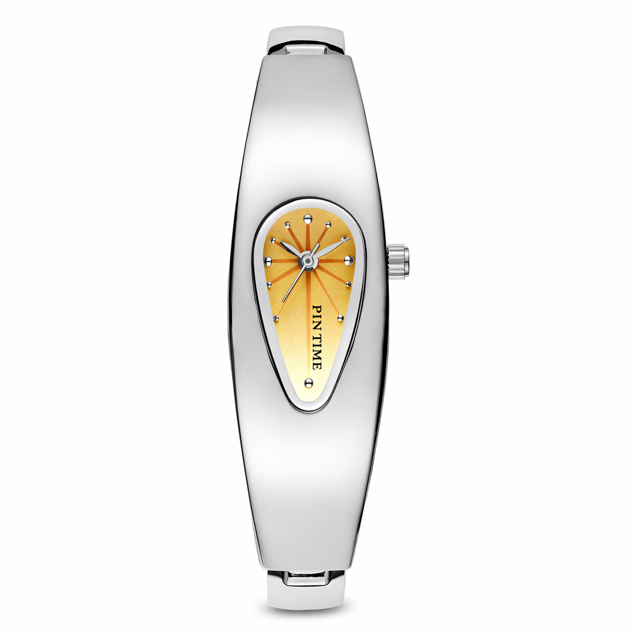 Silver wristwatch with a yellow face on a white background