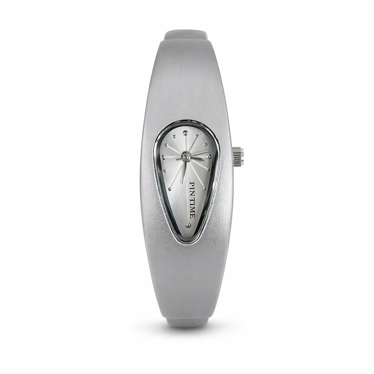 Silver watch with a unique design on a white background