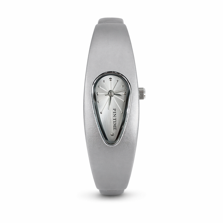 Silver watch with a unique design on a white background