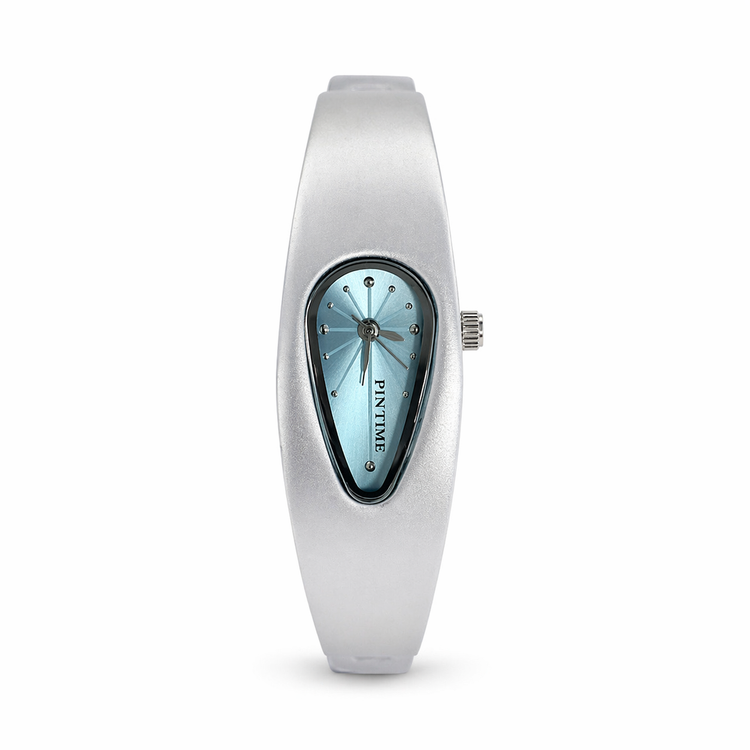Silver wristwatch with a blue face on a white background