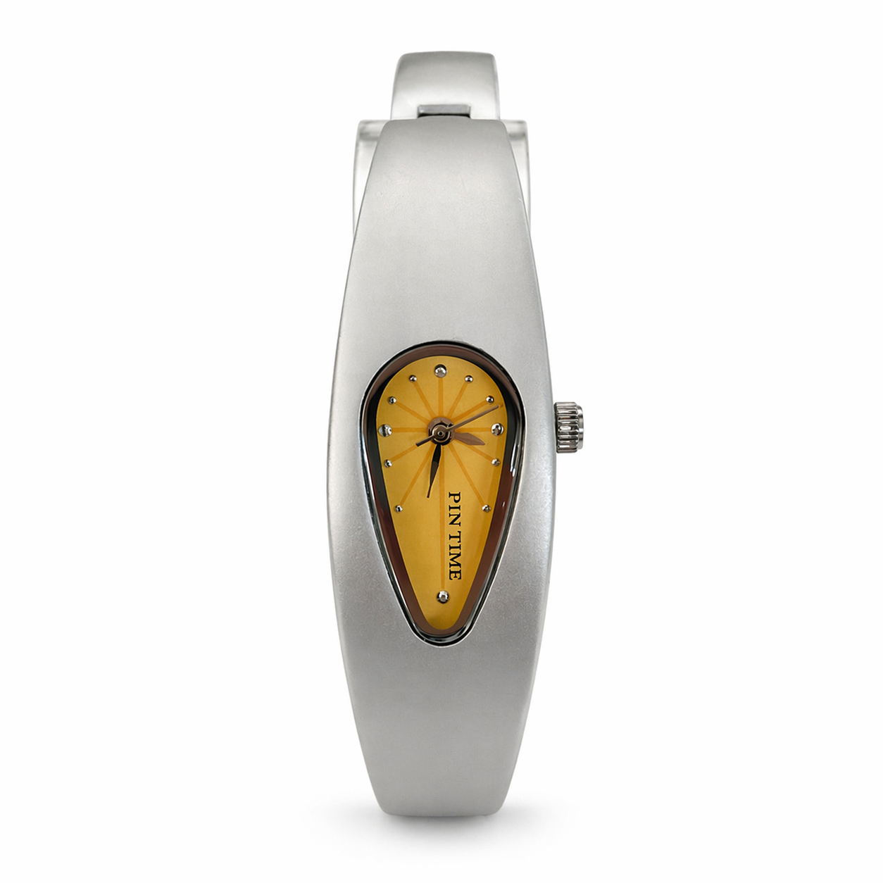 Silver watch with a yellow face on a white background