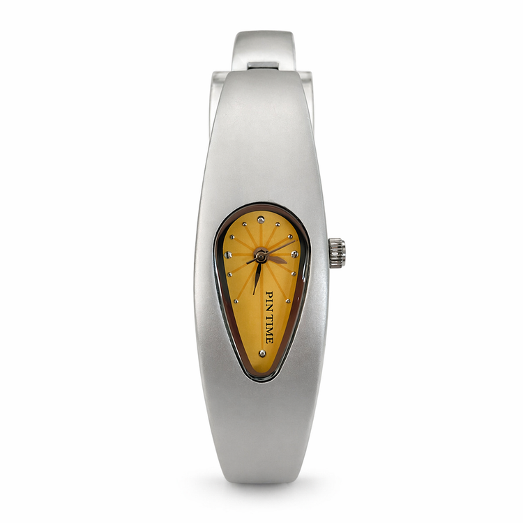 Silver watch with a yellow face on a white background