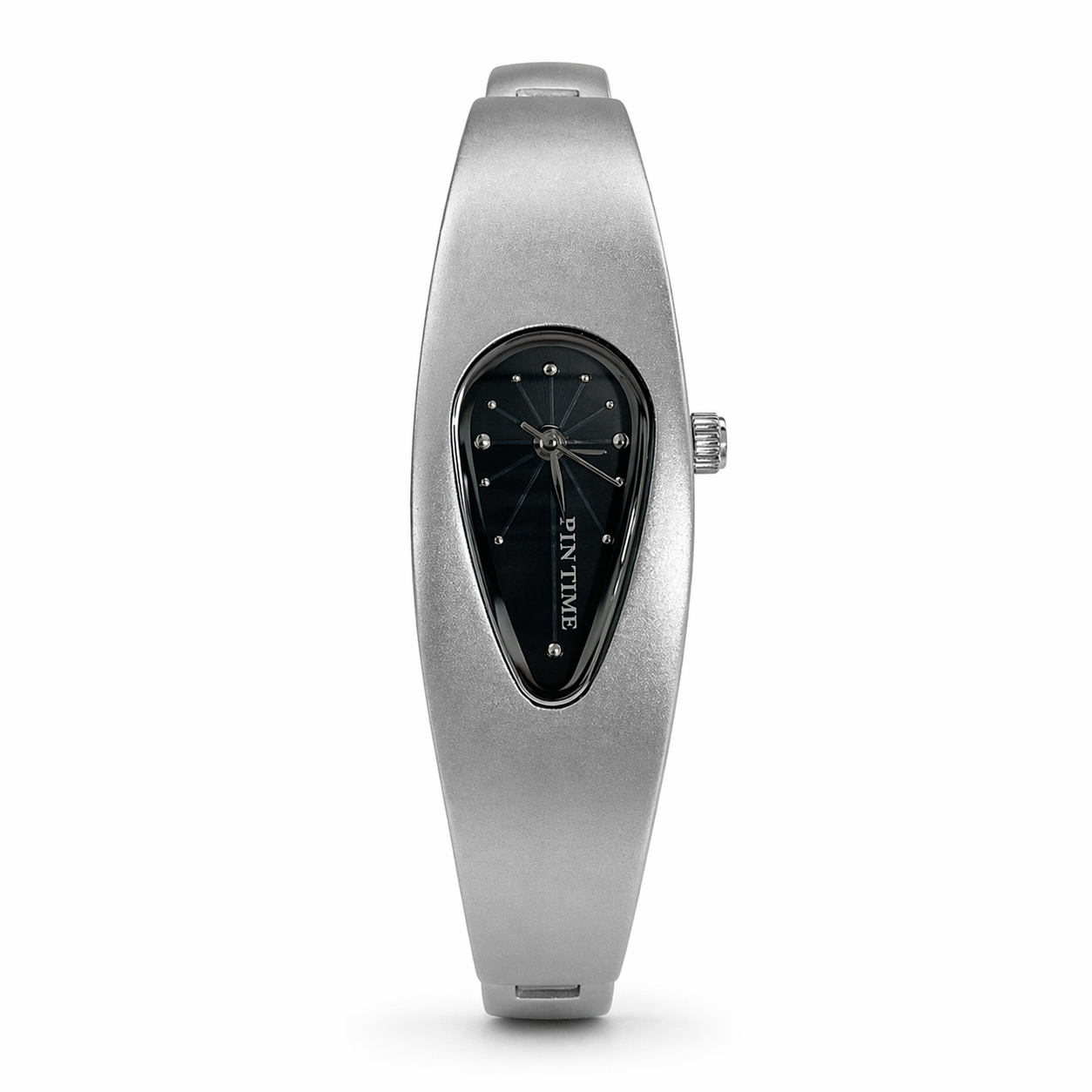 Silver wristwatch with black face on a white background
