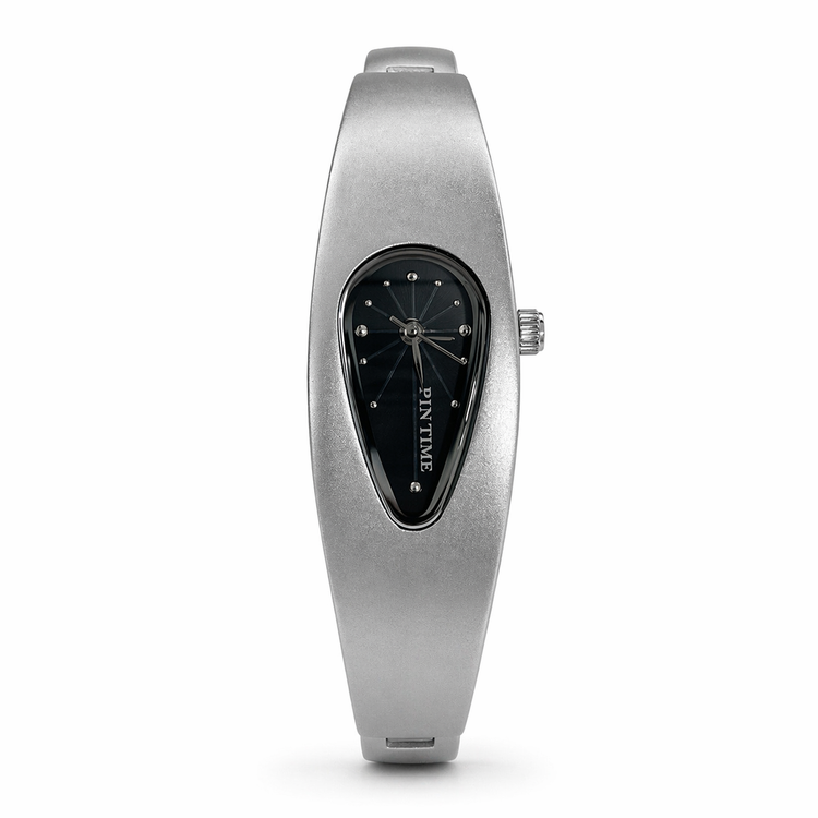 Silver wristwatch with black face on a white background