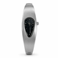 Silver wristwatch with black face on a white background