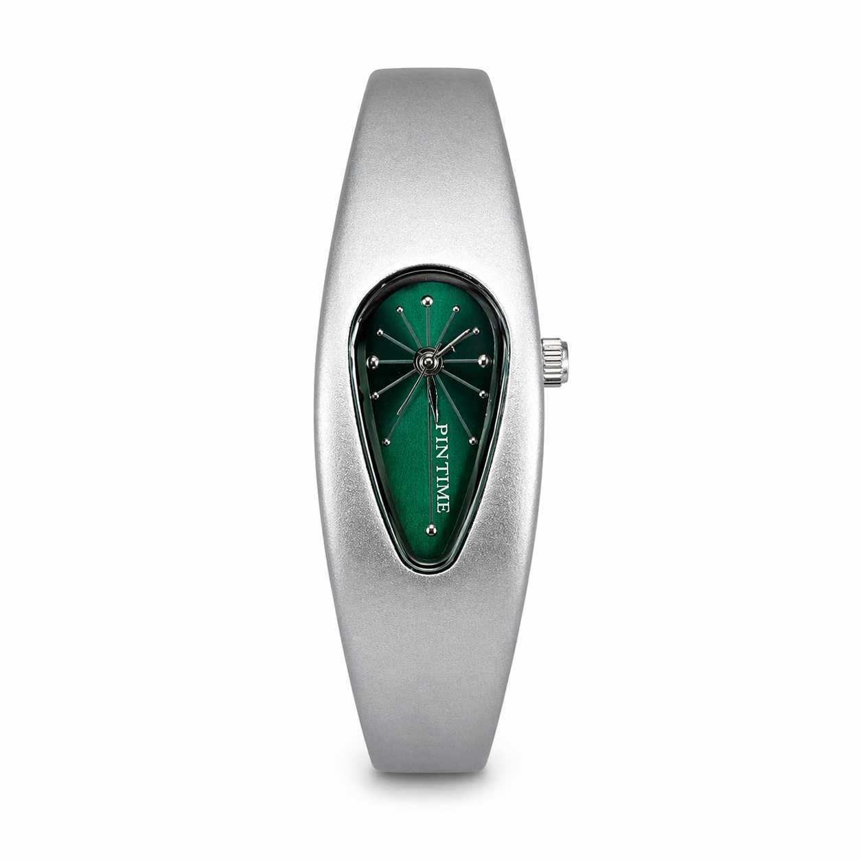 Silver watch with green face on a white background