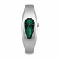 Silver watch with green face on a white background