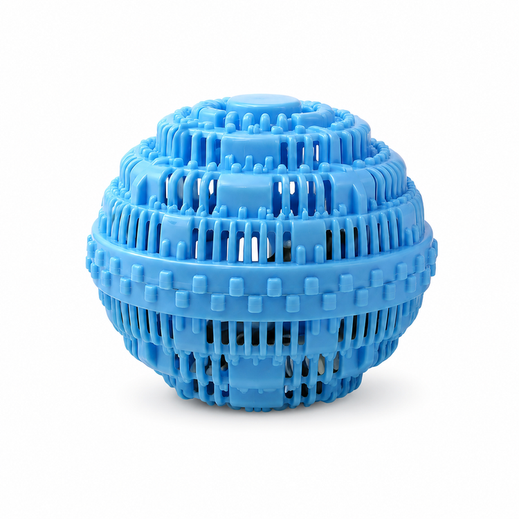 Blue laundry detergent ball on a white background