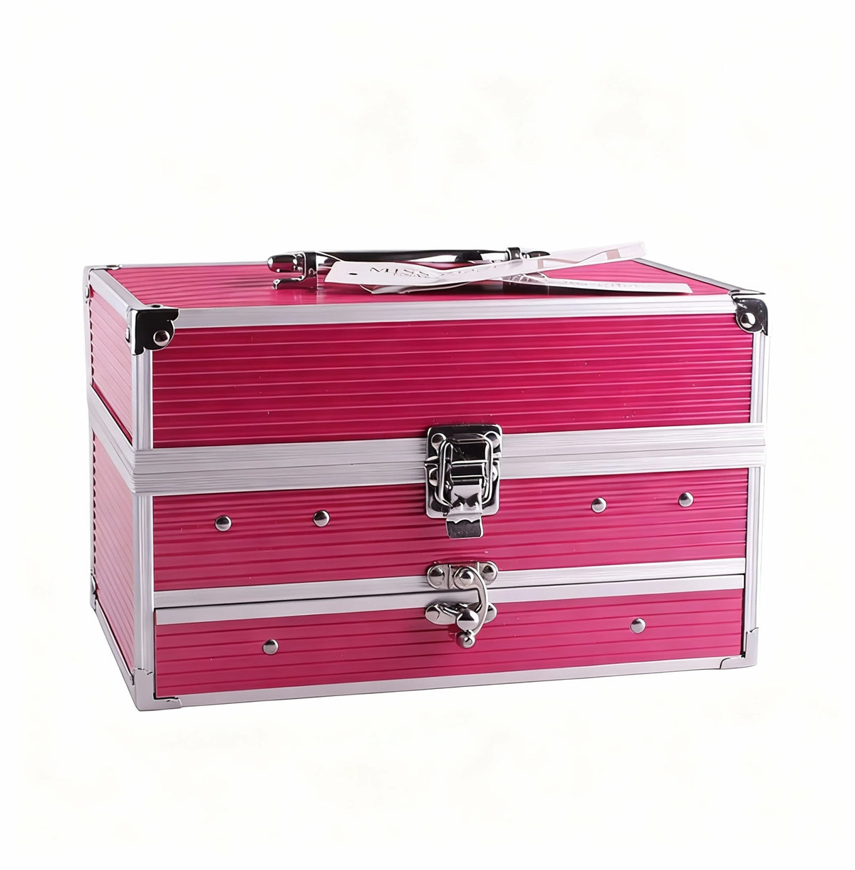 94 color professional makeup palette set closed pink aluminum case with silver latches and handle