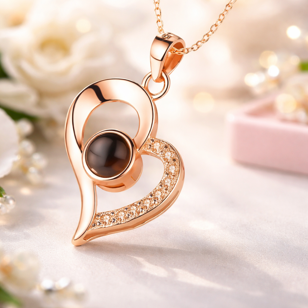 Rose gold heart-shaped pendant with a central gemstone on a soft floral background