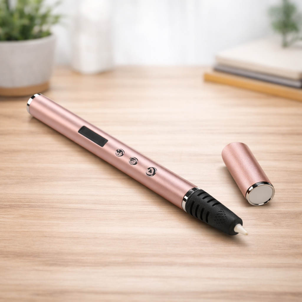 Rose gold pen with black accents on a wooden surface