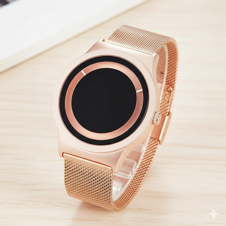 Rose gold smartwatch on a light wooden surface