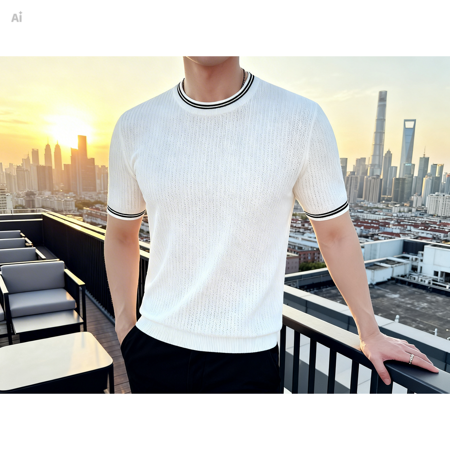 Round Neck Stretch Knit T-Shirt for Men