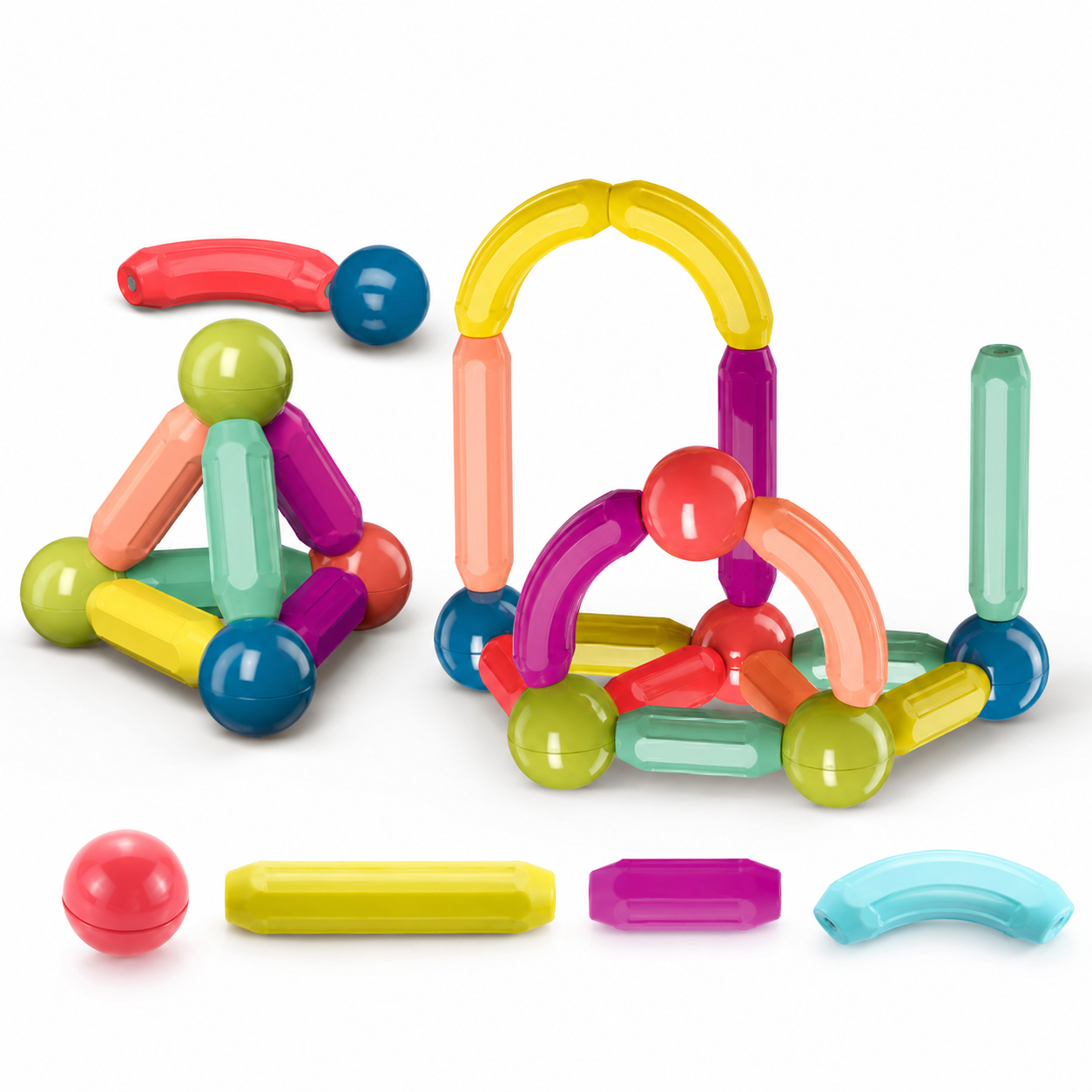 Colorful magnetic building toy set on a white background