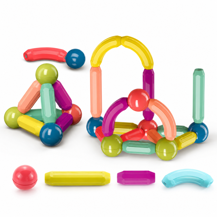 Colorful magnetic building toy set on a white background