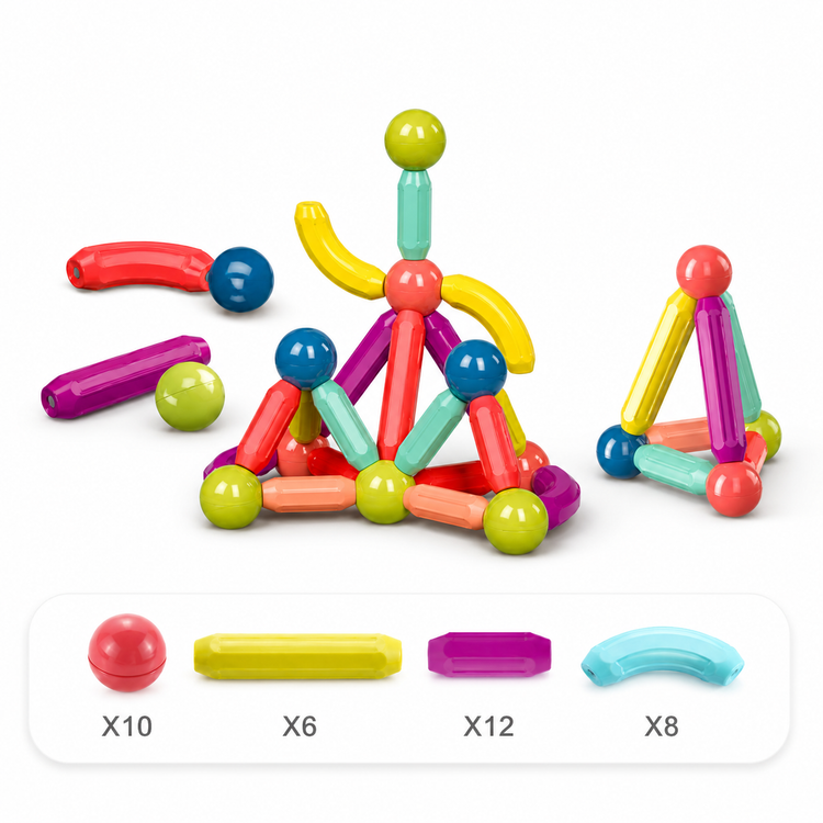 Colorful magnetic building toys with component quantities on a white background