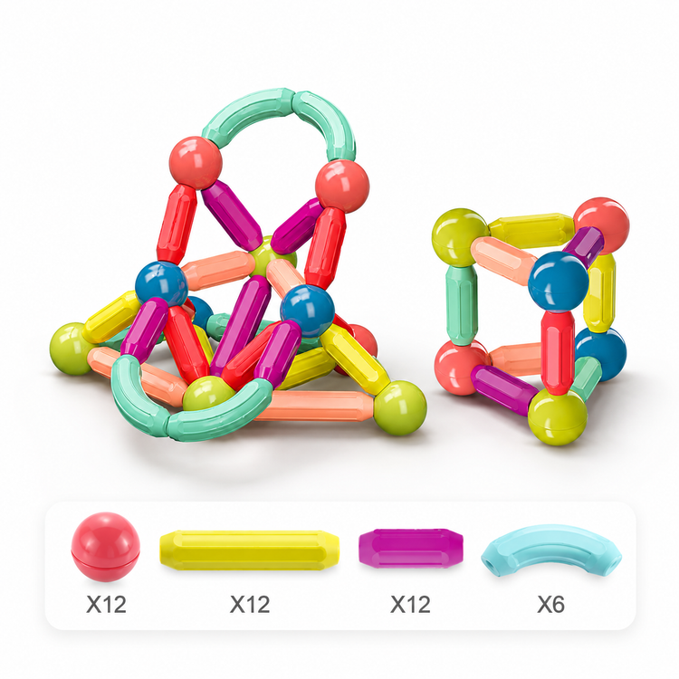 Colorful magnetic building toys on a white background with quantity labels below.