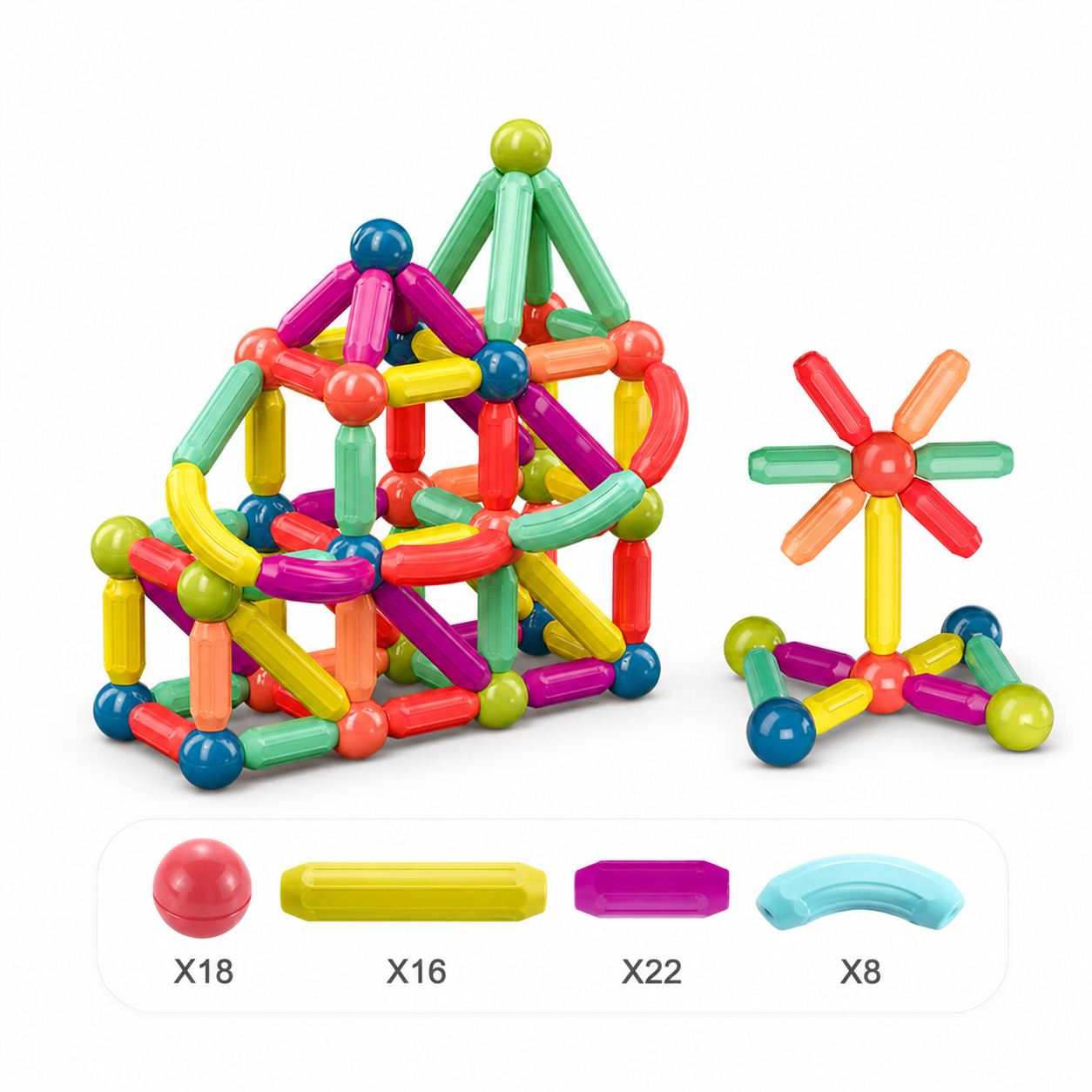 Colorful magnetic building blocks set on a white background with component counts below.