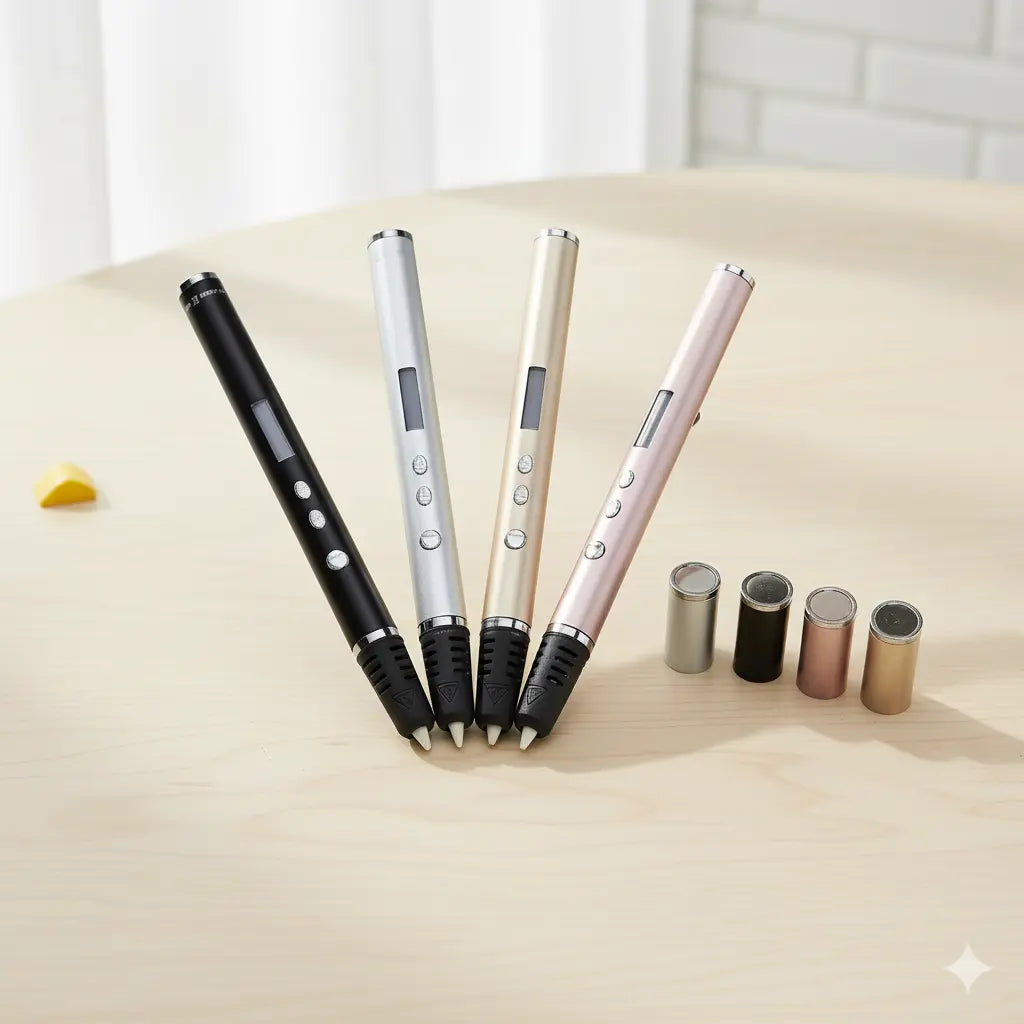 3d craft pen for kids displaying four pens in black, silver, gold, and rose gold with matching filament spools