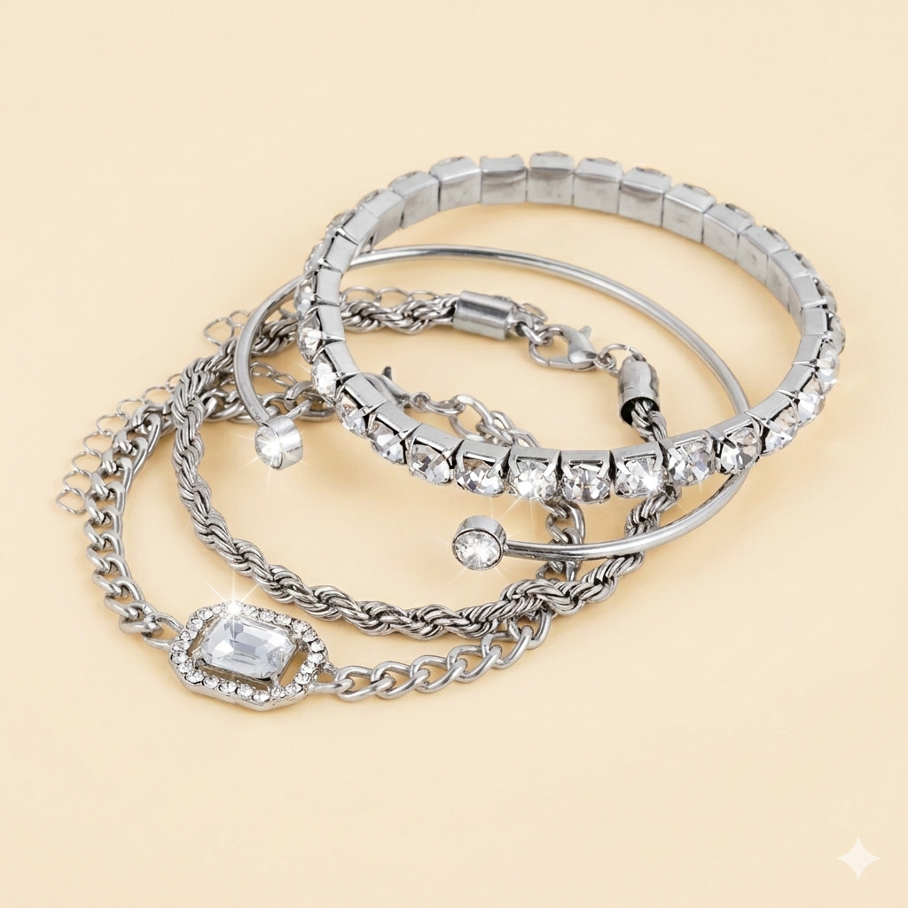 Set of silver hoop earrings and bracelets on a light blue background