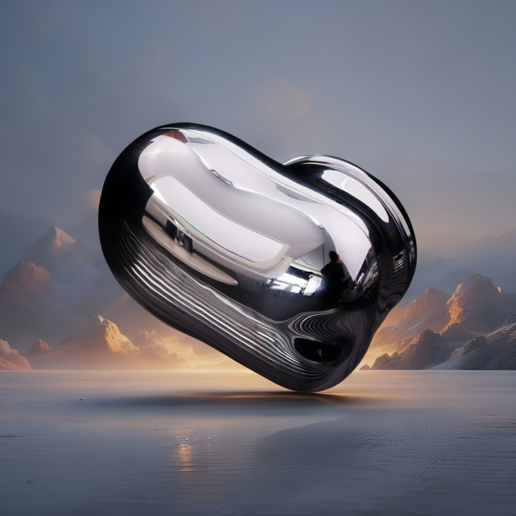 Shiny metallic object floating over a mountainous landscape with a sunset. SILVER