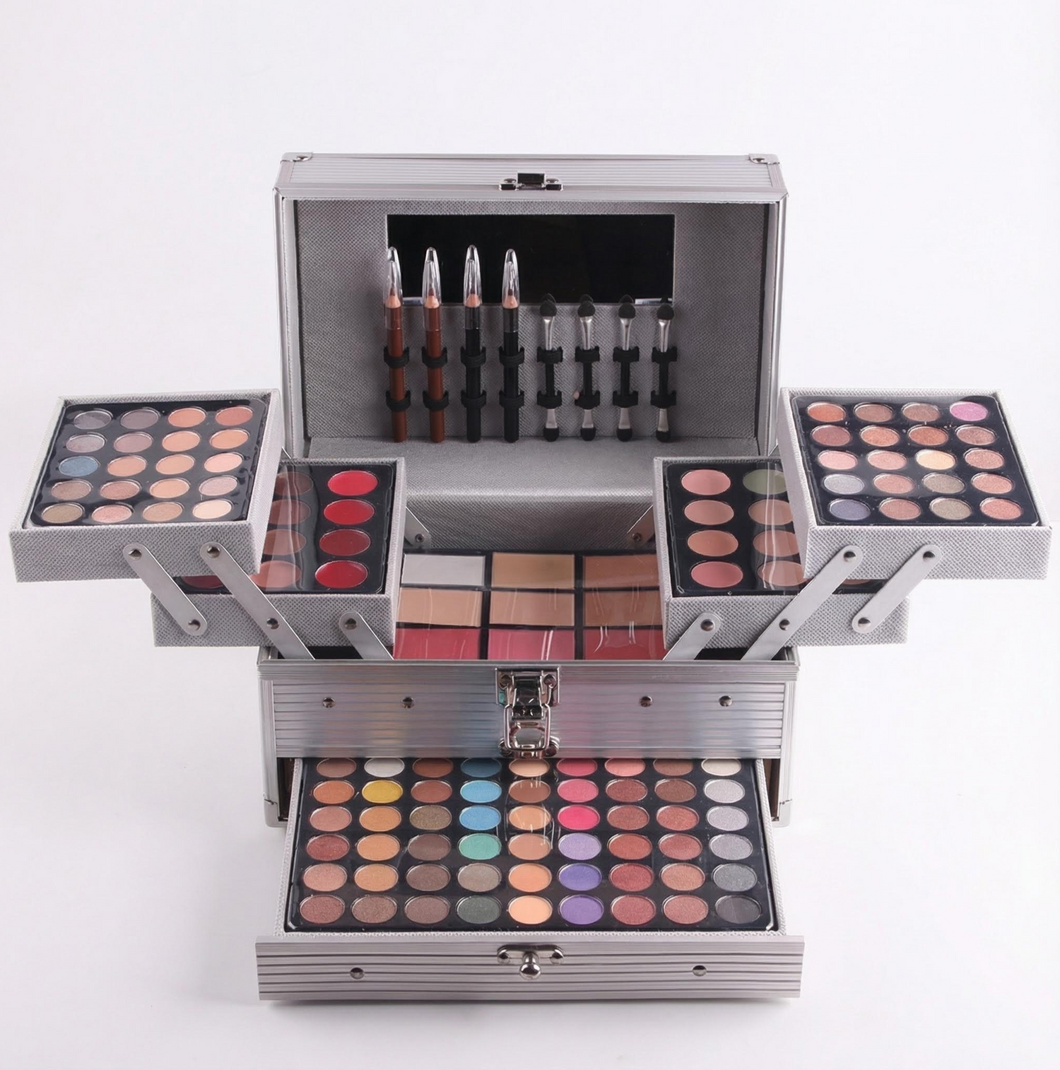 Makeup organizer with various cosmetic products on a white background