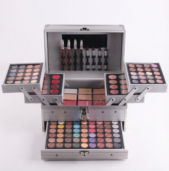 Makeup organizer with various cosmetic products on a white background