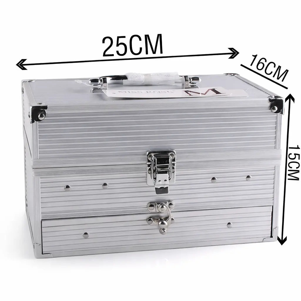 Silver metal toolbox with dimensions labeled on a white background