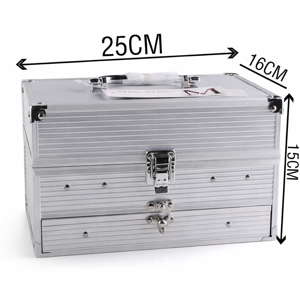 Silver metal toolbox with dimensions labeled on a white background