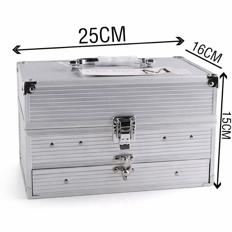 Silver metal toolbox with dimensions labeled on a white background