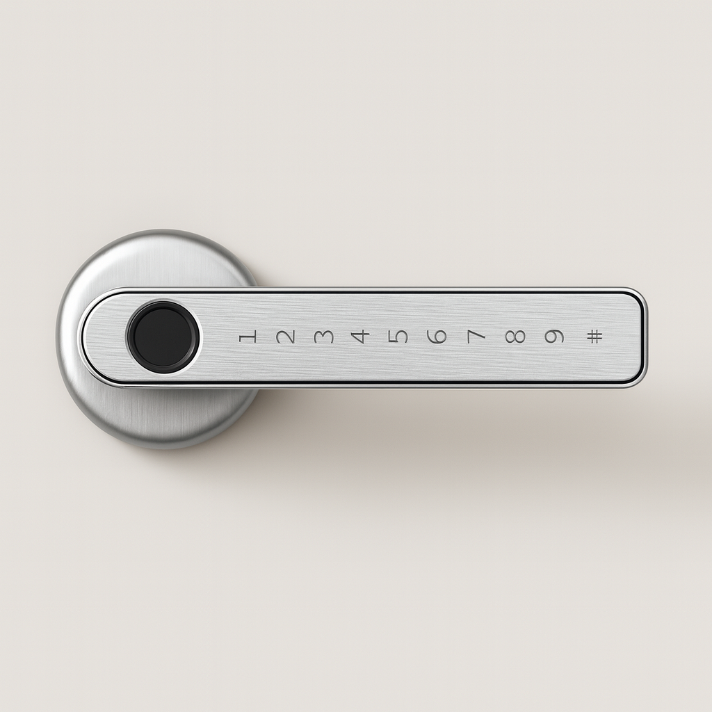 Silver Smart door lock system with digital keypad and smartphone app on a cream background