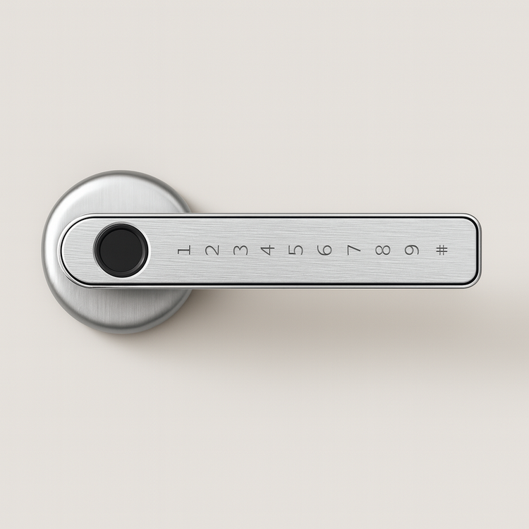 Silver Smart door lock system with digital keypad and smartphone app on a cream background