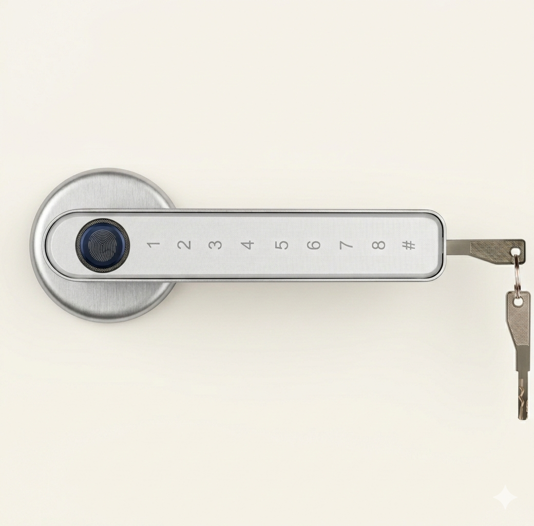 Silver Smart door lock system with digital keypad and smartphone app on a white background