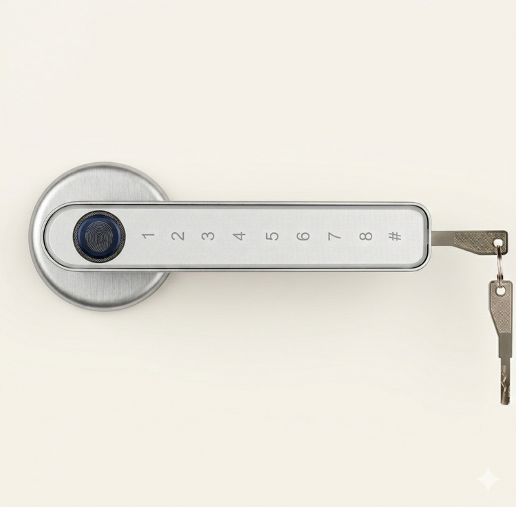 Silver Smart door lock system with digital keypad and smartphone app on a white background