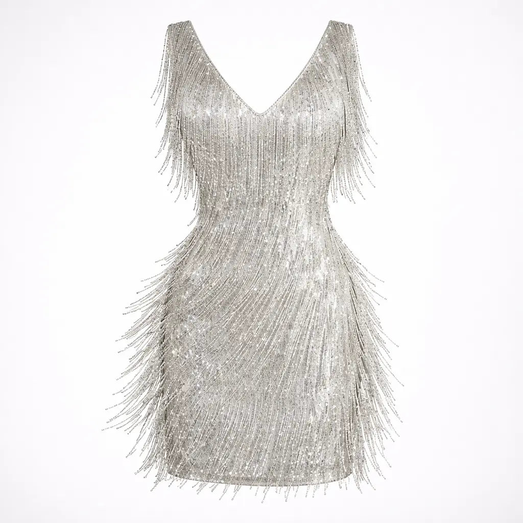 tassel deep v-neck camisole dress for elegant style in silver with shining tassels and sequins