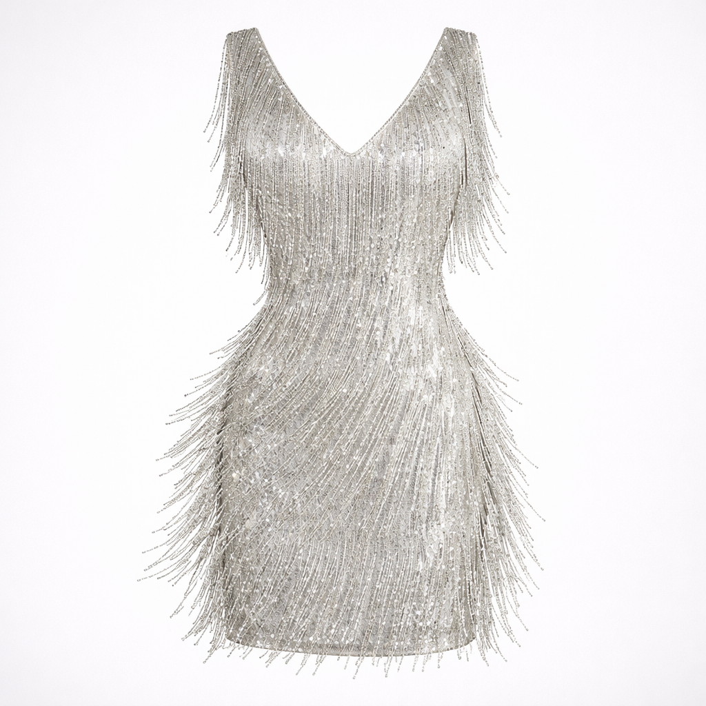 Silver fringe dress on a white background