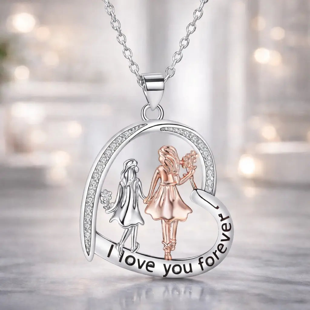 heart-shaped sister necklace with rose gold plated love pendant featuring two figures holding hands on a silver chain