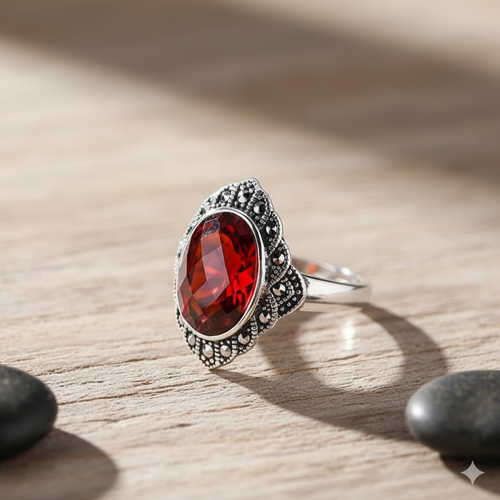 Silver ring with a red gemstone on a wooden surface
