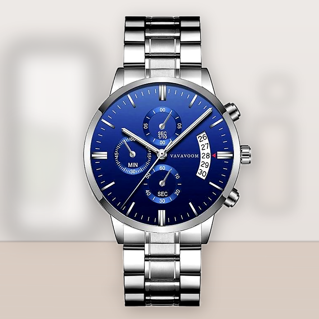 Silver watch with a blue dial on a light gray background