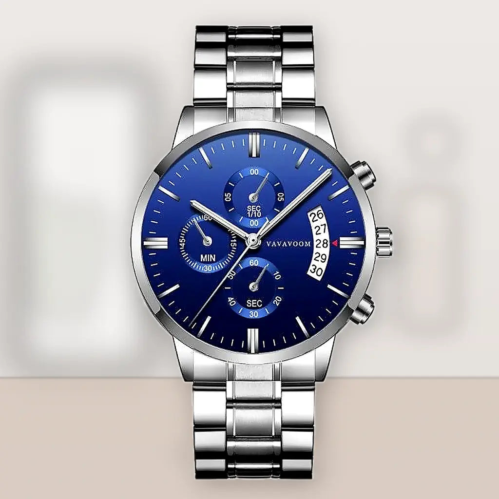 Men's stainless steel quartz watch with calendar, blue dial and silver bracelet, front view