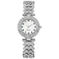 Silver watch with a decorative band on a white background