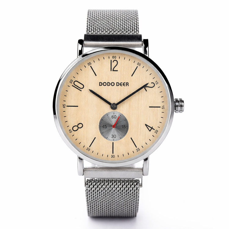 Silver watch with beige dial on a white background, featuring the brand &