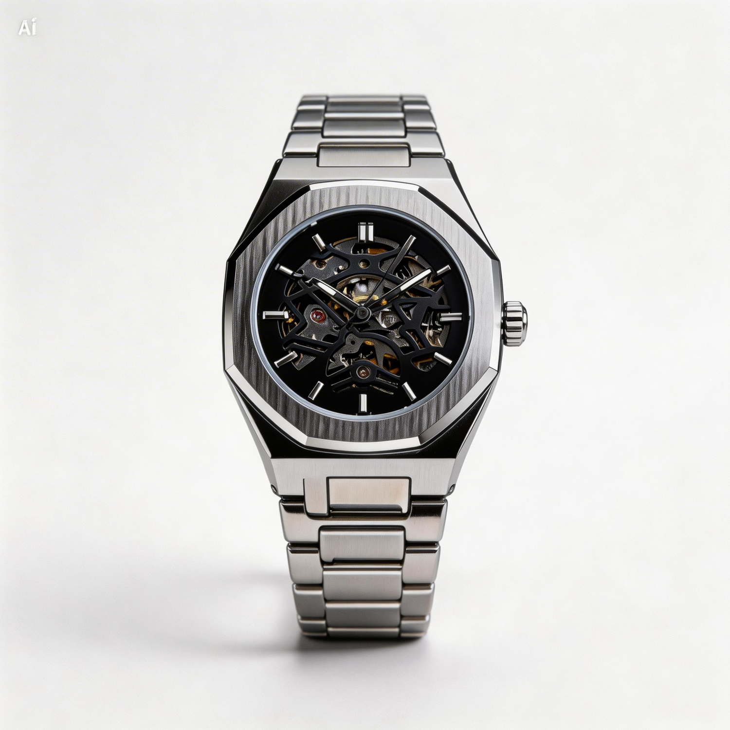Silver wristwatch with a black face on a white background