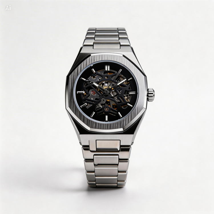 Silver wristwatch with a black face on a white background