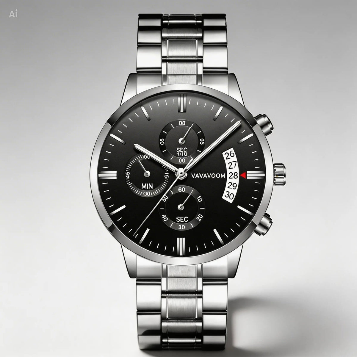 Men's stainless steel quartz watch with calendar, black dial and silver bracelet, front view