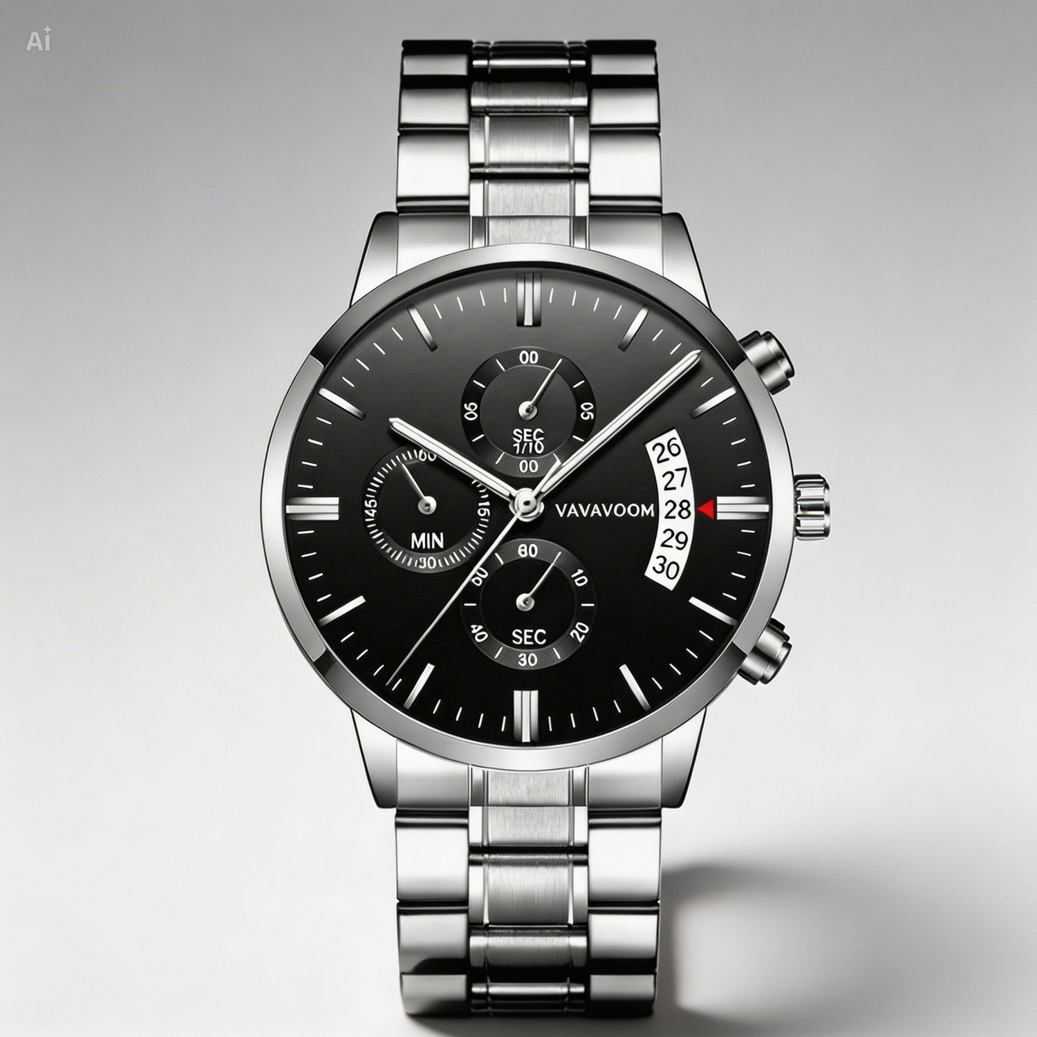 Silver wristwatch with a detailed face on a BLACK background