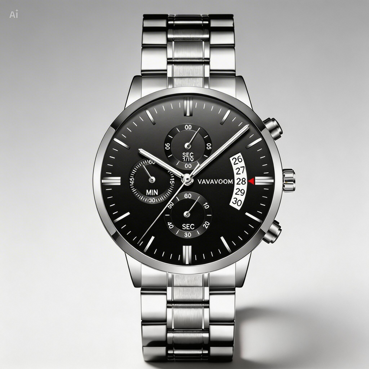 Silver wristwatch with a detailed face on a BLACK background