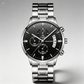 Silver wristwatch with a detailed face on a BLACK background