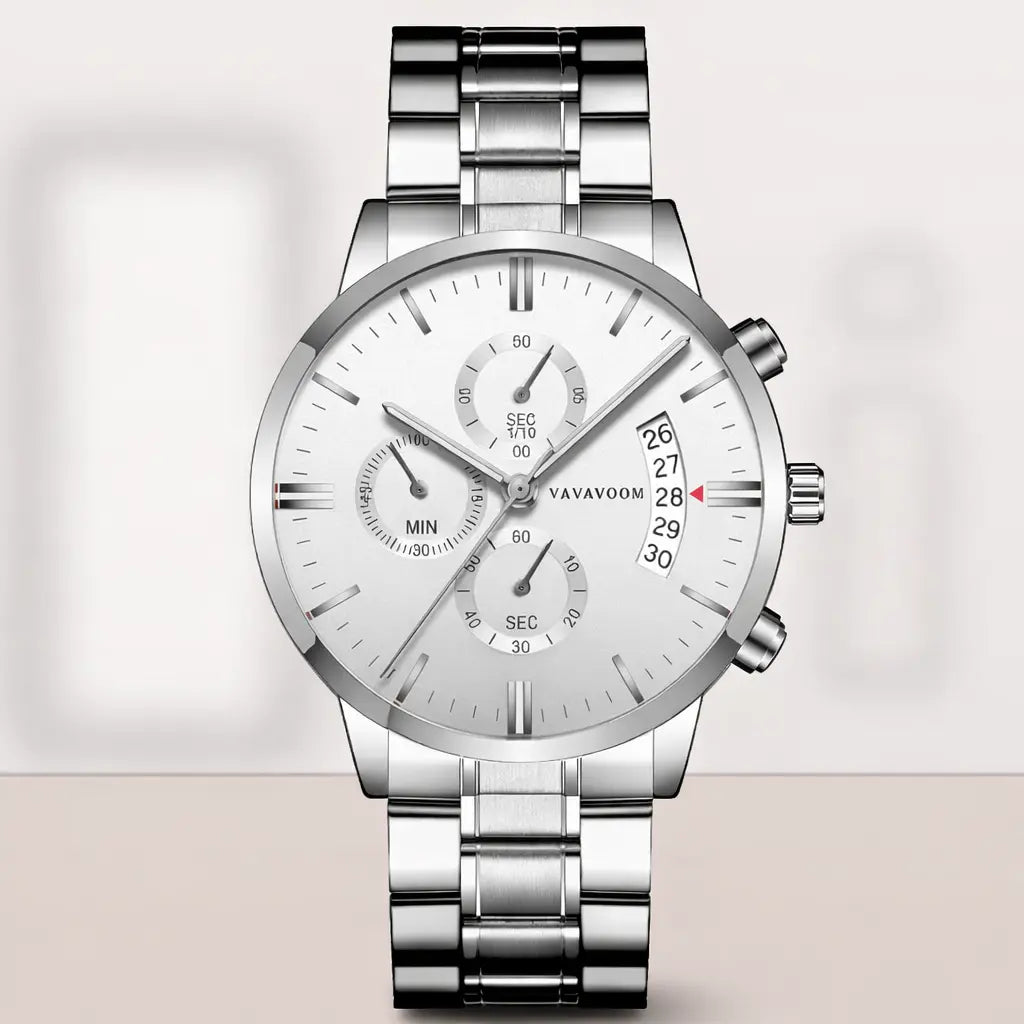Men's stainless steel quartz watch with calendar, white dial and silver bracelet, front view